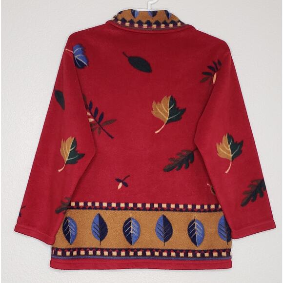 Talbots Fleece Jacket Womens Size Medium Maroon Leaves Collared Button Down Fall - Picture 2 of 4